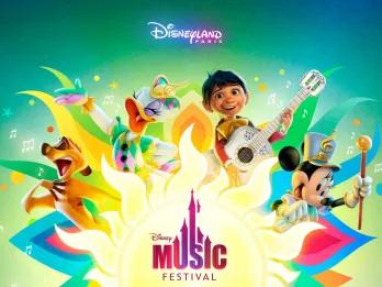Logo for Disney Music Festival at Disneyland Paris, including Miguel from Coco playing a guitar, minnie mouse in marching band attire and Timone from the lion king singing.