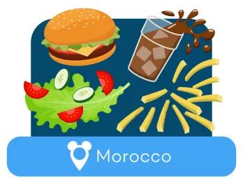 Cartoon burger, soda, salad and fries above a location label for Morocco