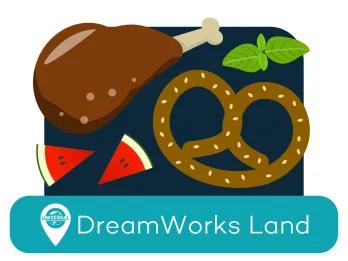 Cartoon turkey leg, watermelon slices, pretzel and a leaf. The location tag says DreamWorks Land.