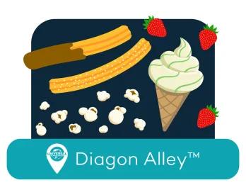 Churros, popcorn pieces, ice cream cone and strawberries with the location tag of Diagon Alley™