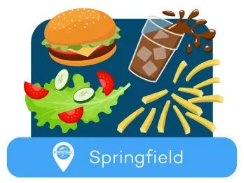 Burger, soda, salad and fries cartoon images with location Springfield.