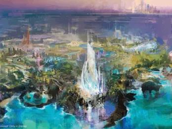 Concept art of Disney park coming to Yas Island including lots of trees, lakes and large structures that aren't very clear.