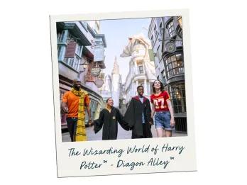A polaroid of a family walking through Diagon Alley