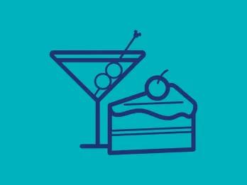 An illustration of a piece of cake and cocktail on a blue background