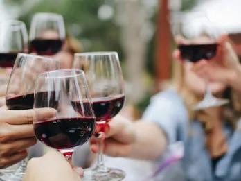 6 people lifting up large glasses of red wine to cheers in an outdoors pub.