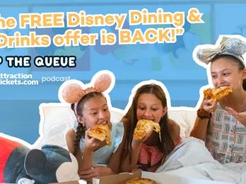 Three girls wearing Minnie Mouse ears enjoying pizza in a Disney hotel room, featured as the cover image for Jump the Queue Episode 8 about Disney's Free Dining and Drinks offer at Walt Disney World