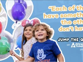 Two excited children holding colourful Mickey Mouse balloons at a Disney park, featured as the cover image for Jump the Queue Episode 9, comparing Disneyland California, Disneyland Paris and Walt Disney World Florida