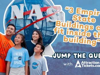 A family taking a selfie in front of the iconic NASA globe at Kennedy Space Center, featured as the cover image for Jump the Queue Episode 5 about whether Kennedy Space Center is worth a visit on your Orlando holiday