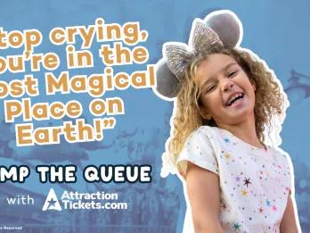 A young girl laughing and wearing sparkly Minnie Mouse ears at Walt Disney World, featured as the cover image for Jump the Queue Episode 4 about visiting Walt Disney World with young children