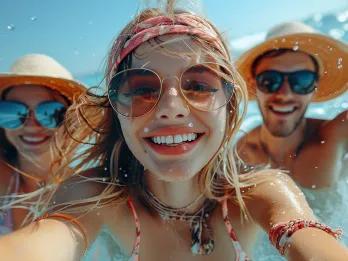 A close-up selfie of three smiling friends wearing sunglasses and summer hats splashing in bright blue water.