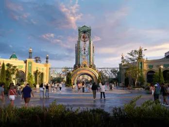 Clock tower and archway at Celestial Park, the central hub of Universal's Epic Universe.