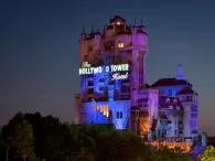 The Hollywood Tower Hotel lit up at night