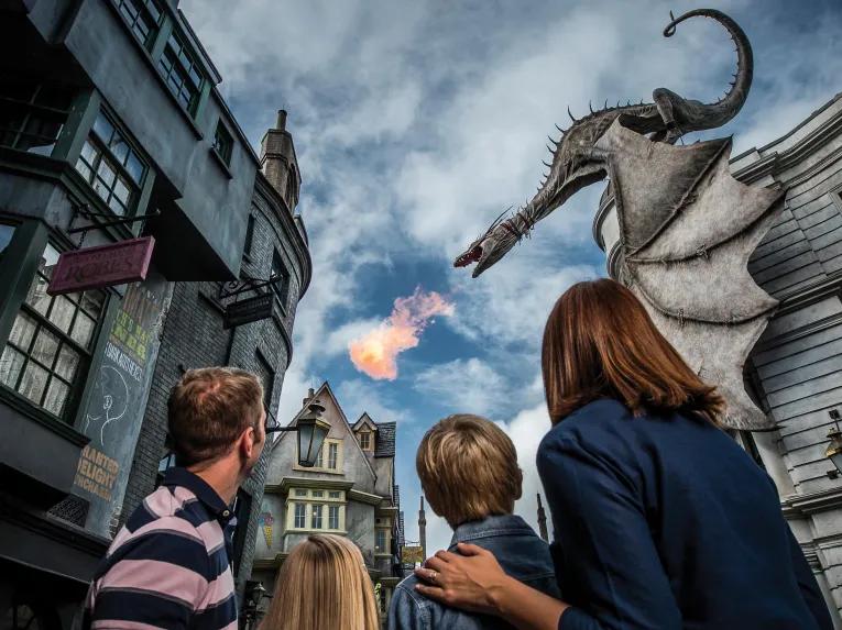 Family in front of Gringotts Bank, Diagon Alley at Universal Studios Florida