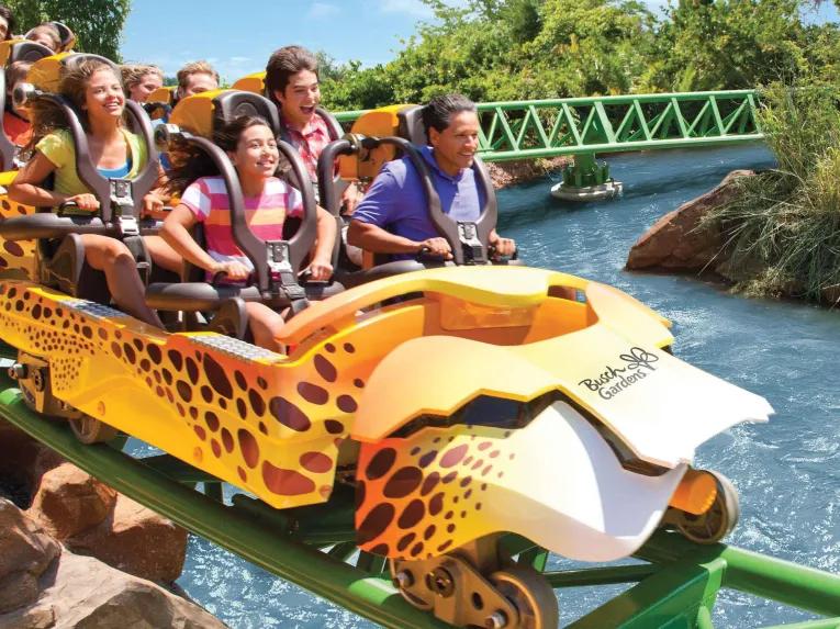 Guests on Cheetah Run rollercoaster at Busch Gardens Tampa Bay