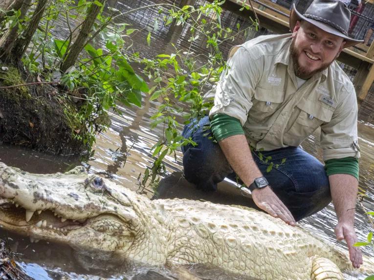 Gator trainer with white alligator at Gatorland Orlando
