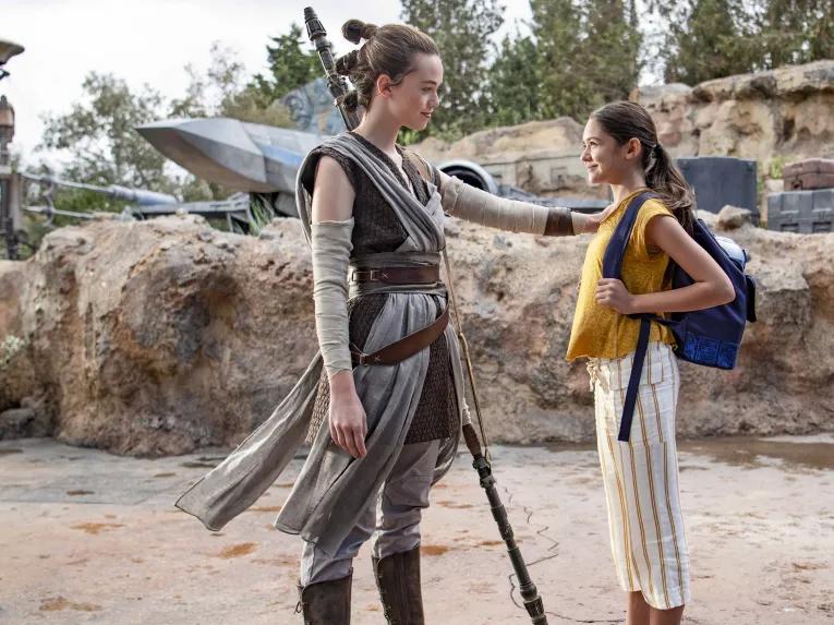 Rey with Guest at Star Wars Galaxy's Edge, Disneyland Park
