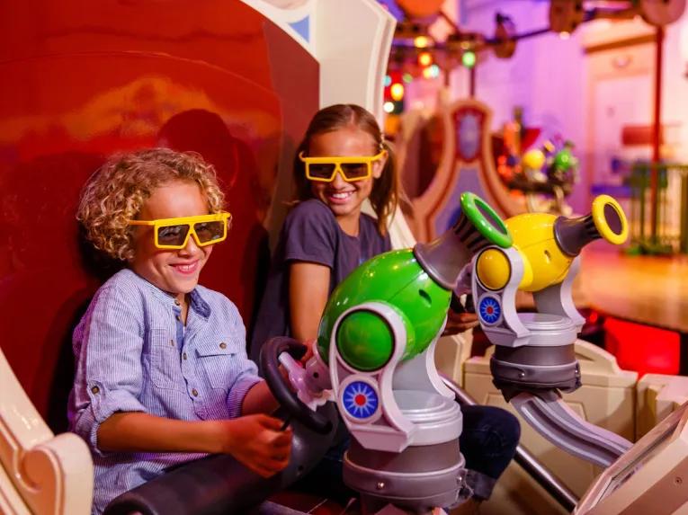 Guests on Toy Story Midway Mania, Disney California Adventure
