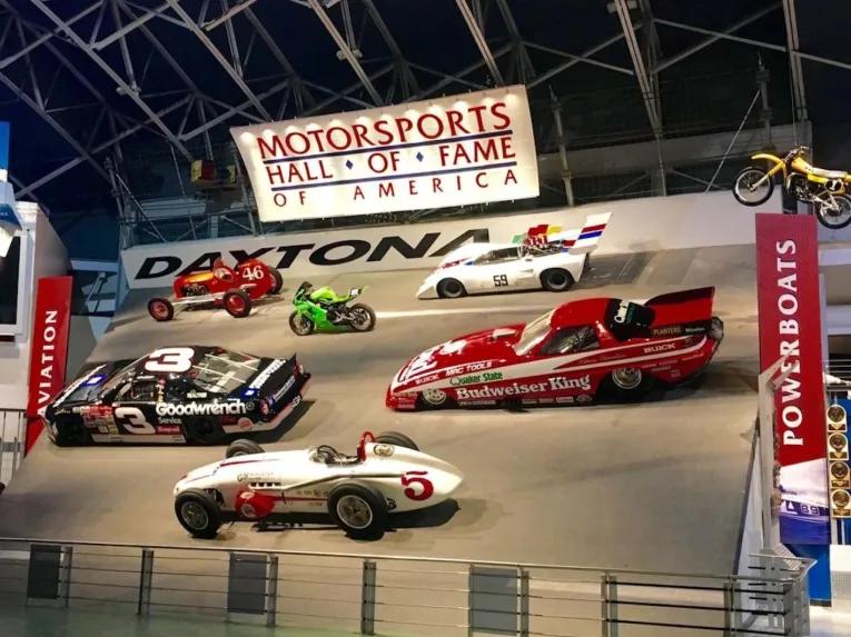 Historic race cars displayed at the Motorsports Hall of Fame of America inside Daytona International Speedway.